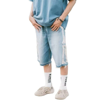 Muške traper šorc s vezom, kapri duljina, ravni kroj, mikroelastičnost, pamukova smjesa