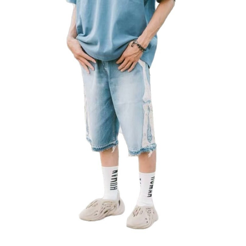 Muške traper šorc s vezom, kapri duljina, ravni kroj, mikroelastičnost, pamukova smjesa