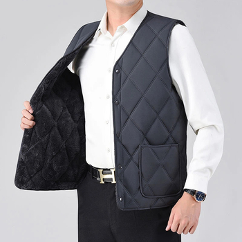 Vesta masculină cu căptușeală fleece și umplutură din poliester, model în grilă, buzunare tridimensionale, fără glugă