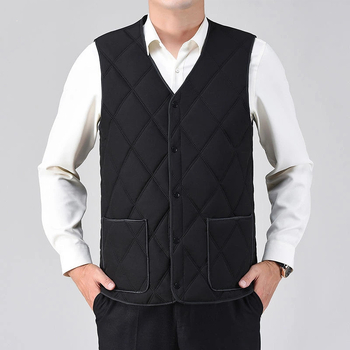 Vesta masculină cu căptușeală fleece și umplutură din poliester, model în grilă, buzunare tridimensionale, fără glugă