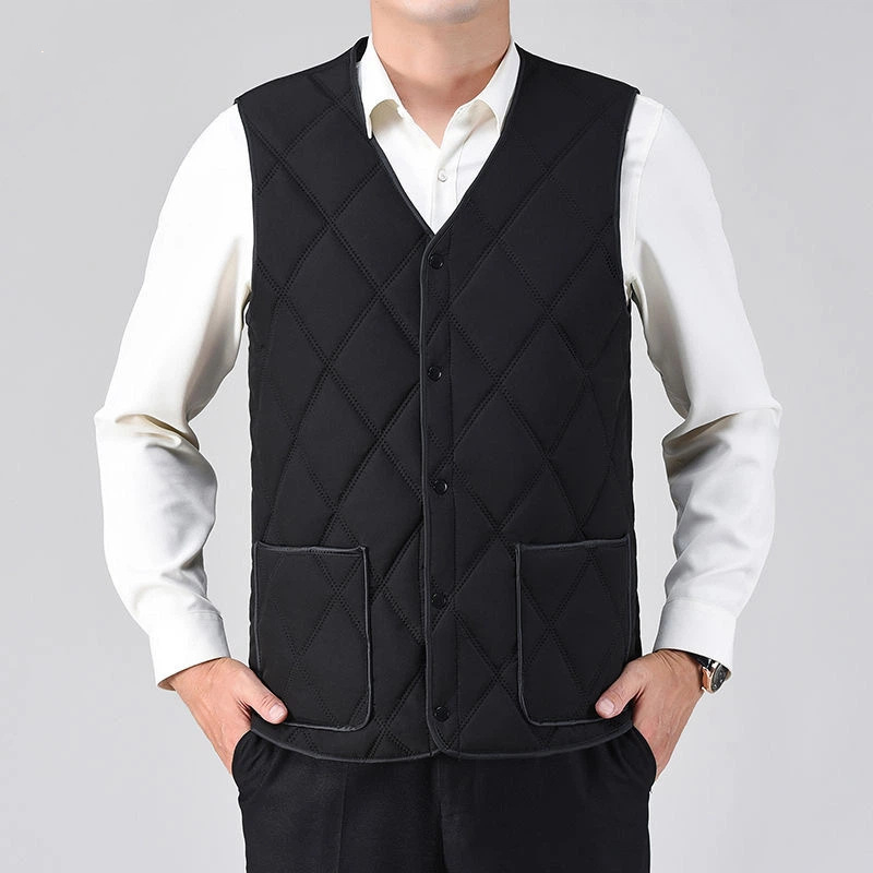 Vesta masculină cu căptușeală fleece și umplutură din poliester, model în grilă, buzunare tridimensionale, fără glugă