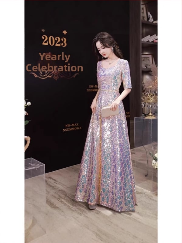 Garā vakarkleita ar pērlītēm viesu uzņemšanai — elegants stils, patchwork detaļas, poliestera maisījuma audums (30-50% / 50-70%), vasara 2025