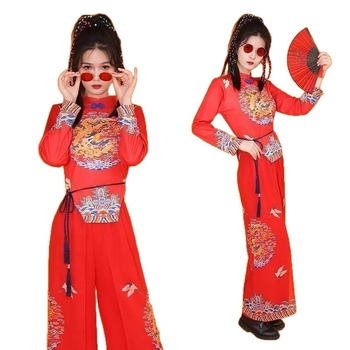 Kan Lai Costum unisex pentru dansul pătrat cu tobe, stil etnic chinezesc, țesătură chenille cu 90–95% spandex, lansare primăvara 2025