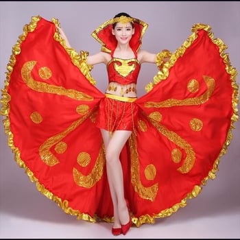 Costum feminin de dans popular pentru scenă, cu o fustă mare de tip swing — țesătură Chenille, amestec Spandex și Polyester