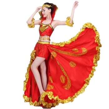 Costum feminin de dans popular pentru scenă, cu o fustă mare de tip swing — țesătură Chenille, amestec Spandex și Polyester