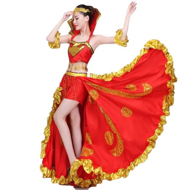 Costum feminin de dans popular pentru scenă, cu o fustă mare de tip swing — țesătură Chenille, amestec Spandex și Polyester