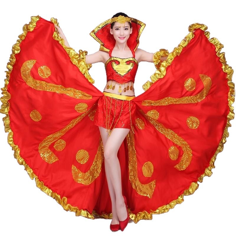 Costum feminin de dans popular pentru scenă, cu o fustă mare de tip swing — țesătură Chenille, amestec Spandex și Polyester