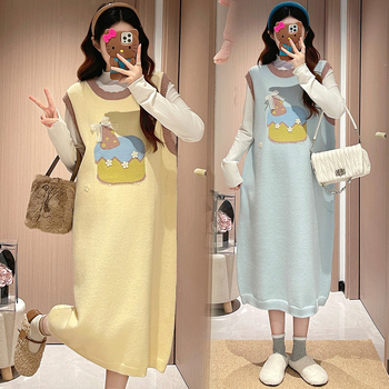 Set maternitate tricotat cu deschidere pentru alăptare, top cu mâneci lungi și rochie-fustă, fustă lungă, stil proaspăt și drăguț