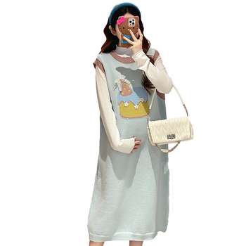 Set maternitate tricotat cu deschidere pentru alăptare, top cu mâneci lungi și rochie-fustă, fustă lungă, stil proaspăt și drăguț