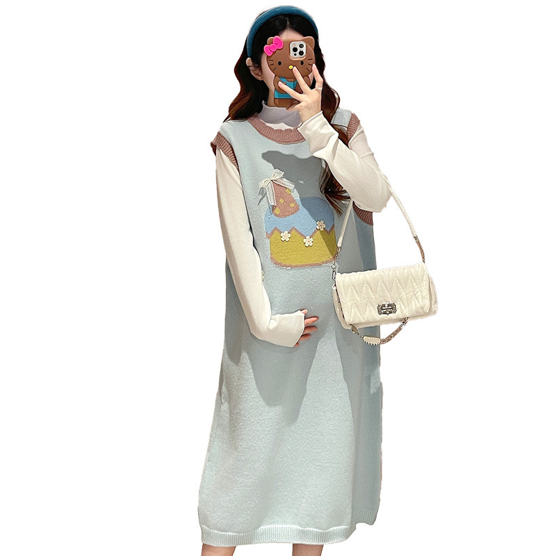 Set maternitate tricotat cu deschidere pentru alăptare, top cu mâneci lungi și rochie-fustă, fustă lungă, stil proaspăt și drăguț