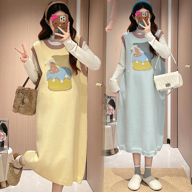 Set maternitate tricotat cu deschidere pentru alăptare, top cu mâneci lungi și rochie-fustă, fustă lungă, stil proaspăt și drăguț