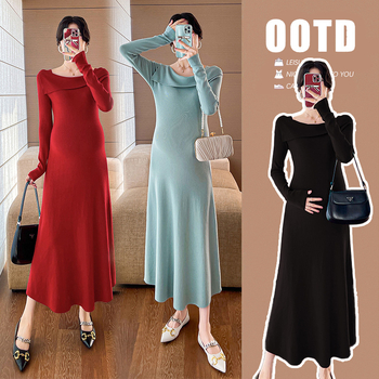 Rochie de maternitate tricotată pentru toamnă-iarna, mâneci lungi, guler rever, lungime midi, monocromă, stil elegant de birou