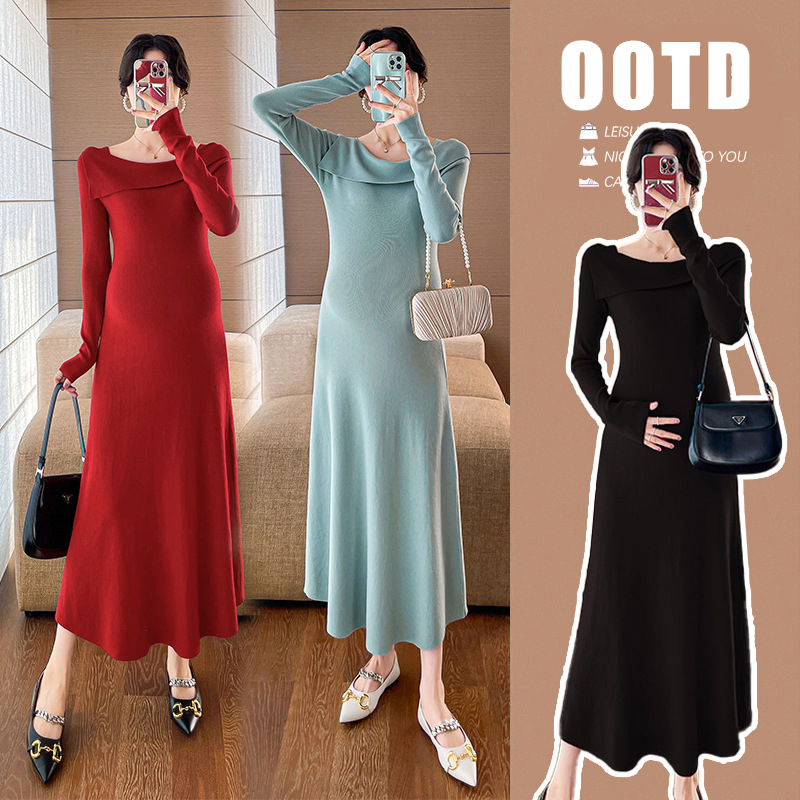 Rochie de maternitate tricotată pentru toamnă-iarna, mâneci lungi, guler rever, lungime midi, monocromă, stil elegant de birou