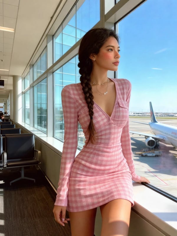 Rochie din mătase cu densitate mare, model carouri, decolteu în V, mâneci lungi, talie înaltă