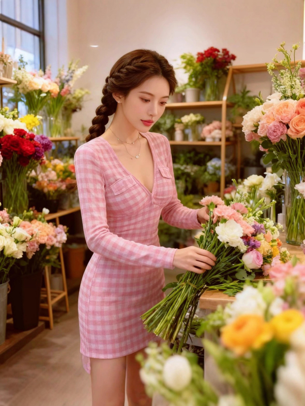 Rochie din mătase cu densitate mare, model carouri, decolteu în V, mâneci lungi, talie înaltă