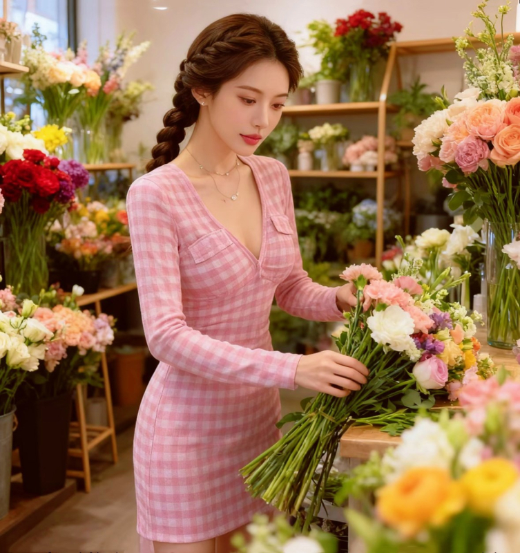 Rochie din mătase cu densitate mare, model carouri, decolteu în V, mâneci lungi, talie înaltă