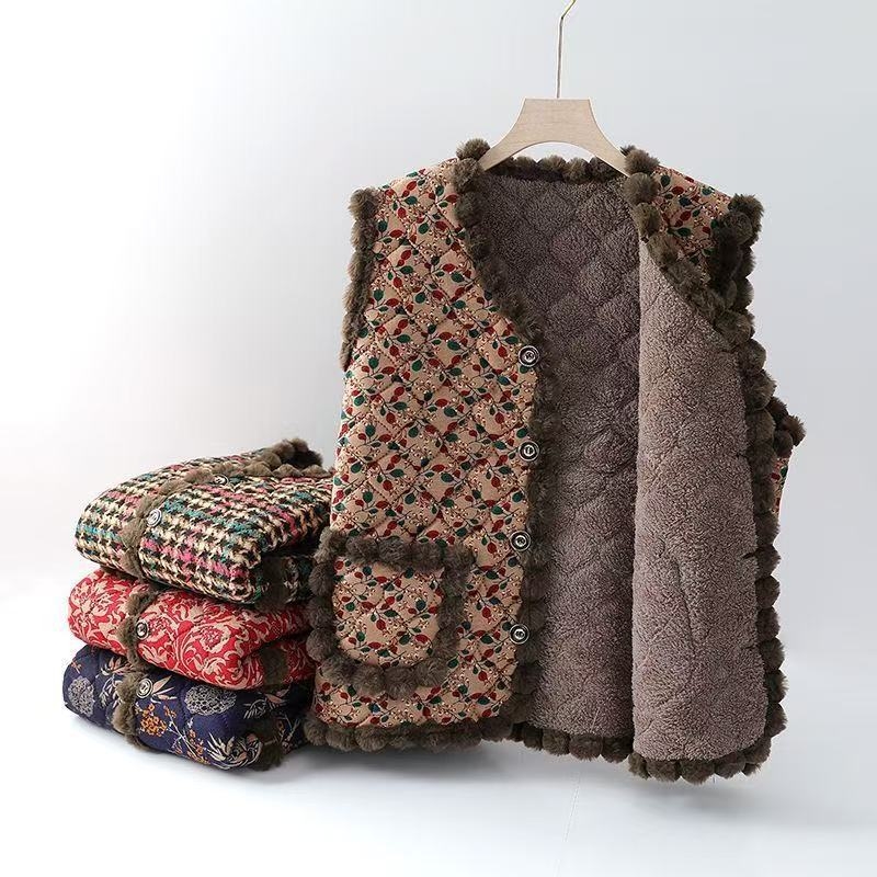 Zamatna ženska vesta za jesen-zimu 2025 | Uzorak biljaka i cvijeća, stil Royal Sister (Materijal: smjesa Tencel i pamuk; Poliester 30–50%; Digitalni tisak)