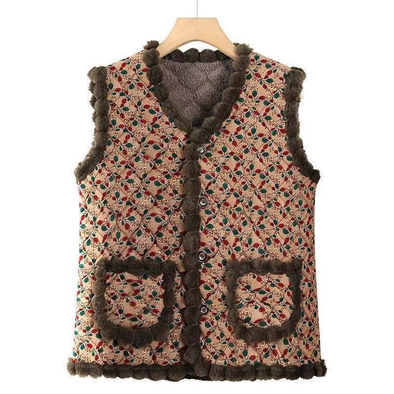 Zamatna ženska vesta za jesen-zimu 2025 | Uzorak biljaka i cvijeća, stil Royal Sister (Materijal: smjesa Tencel i pamuk; Poliester 30–50%; Digitalni tisak)