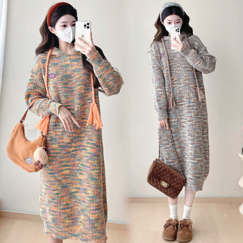 Φόρεμα εγκύου με κουκούλα, πλεκτό ριγέ, μίξη μαλλιού με ελαστάν