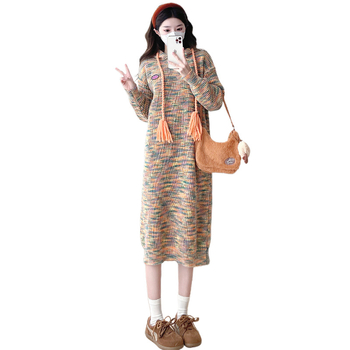 Φόρεμα εγκύου με κουκούλα, πλεκτό ριγέ, μίξη μαλλιού με ελαστάν