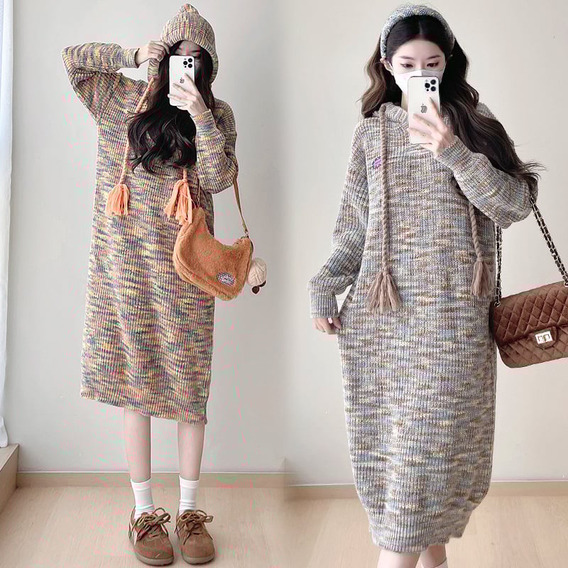 Φόρεμα εγκύου με κουκούλα, πλεκτό ριγέ, μίξη μαλλιού με ελαστάν