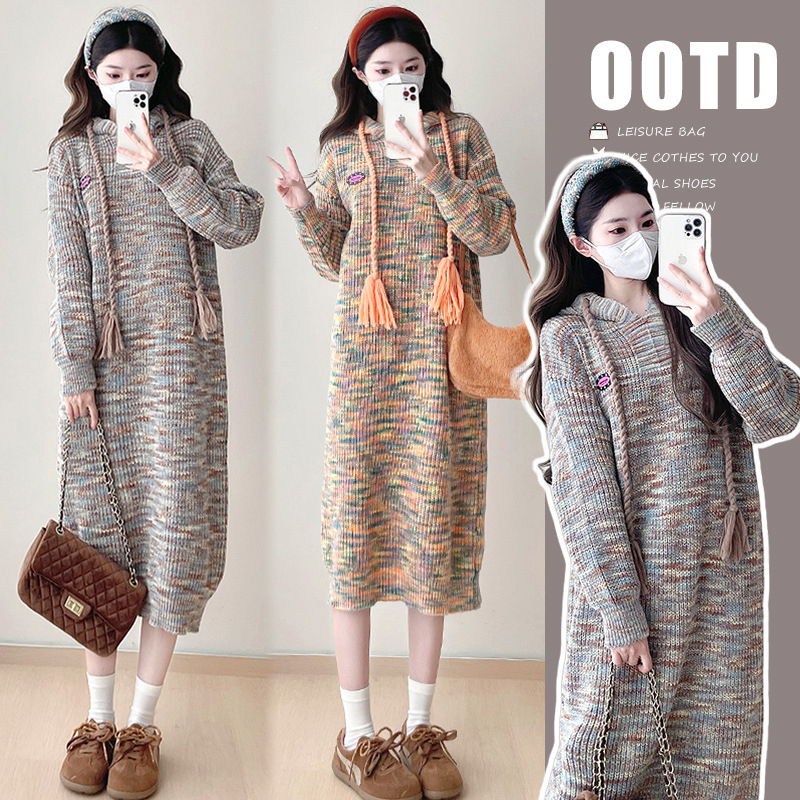 Φόρεμα εγκύου με κουκούλα, πλεκτό ριγέ, μίξη μαλλιού με ελαστάν