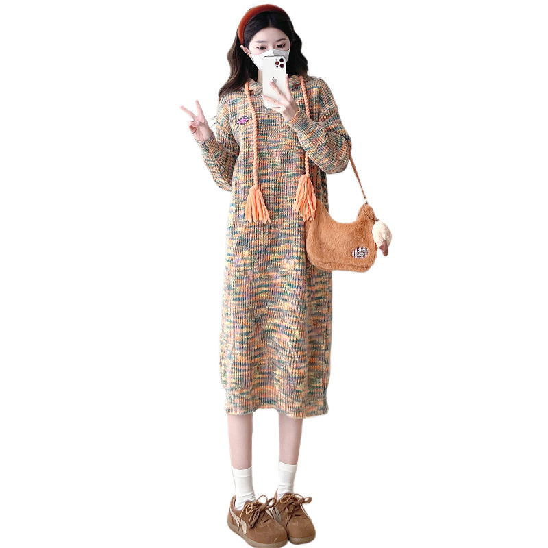 Φόρεμα εγκύου με κουκούλα, πλεκτό ριγέ, μίξη μαλλιού με ελαστάν