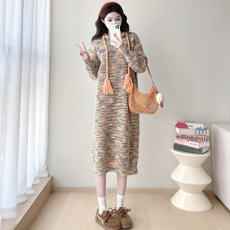 Φόρεμα εγκύου με κουκούλα, πλεκτό ριγέ, μίξη μαλλιού με ελαστάν