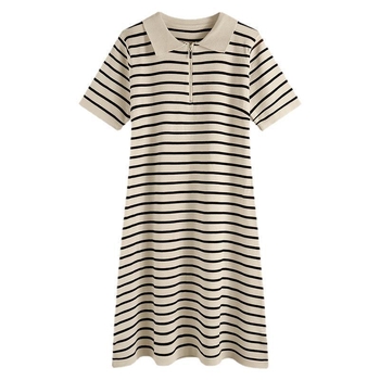 Φόρεμα με polo γιακά, ριγέ σχέδιο, μίντι μήκος, μανίκια 3/4, πολυεστέρας (95%+)