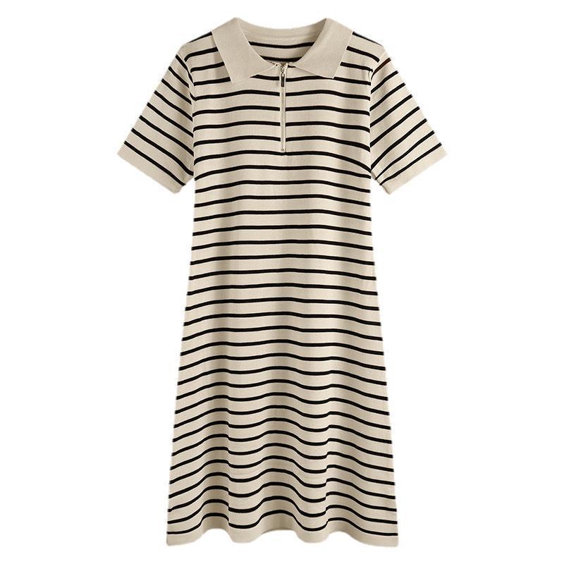 Φόρεμα με polo γιακά, ριγέ σχέδιο, μίντι μήκος, μανίκια 3/4, πολυεστέρας (95%+)