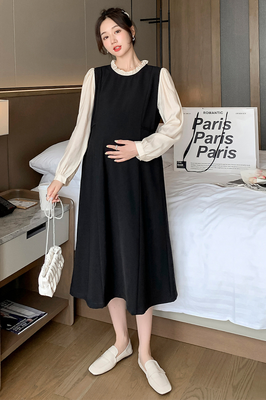 Φόρεμα YBR με στρογγυλή λαιμόκοψη, μακριά μανίκια με puff, φούστα patchwork μεσαίου μήκους, ύφασμα πολυεστέρα-βαμβάκι