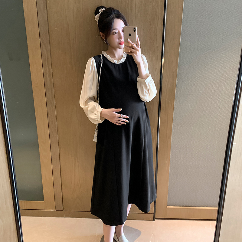 Φόρεμα YBR με στρογγυλή λαιμόκοψη, μακριά μανίκια με puff, φούστα patchwork μεσαίου μήκους, ύφασμα πολυεστέρα-βαμβάκι