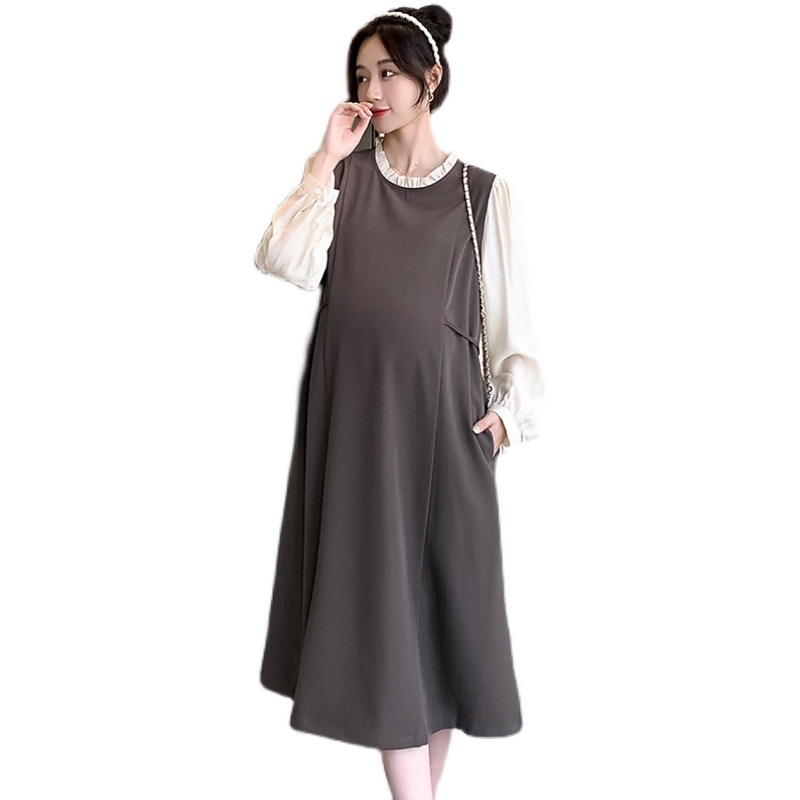 Φόρεμα YBR με στρογγυλή λαιμόκοψη, μακριά μανίκια με puff, φούστα patchwork μεσαίου μήκους, ύφασμα πολυεστέρα-βαμβάκι