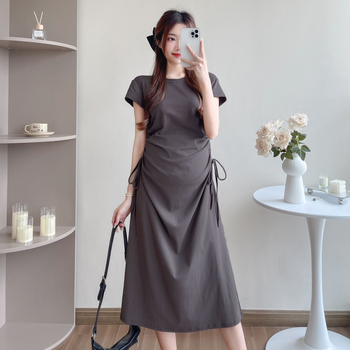 Φόρεμα εγκύου με κορδόνι στη μέση, στρογγυλός λαιμός, μανίκια 3/4, ύφασμα πολυεστέρα