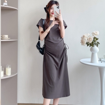 Φόρεμα εγκύου με κορδόνι στη μέση, στρογγυλός λαιμός, μανίκια 3/4, ύφασμα πολυεστέρα