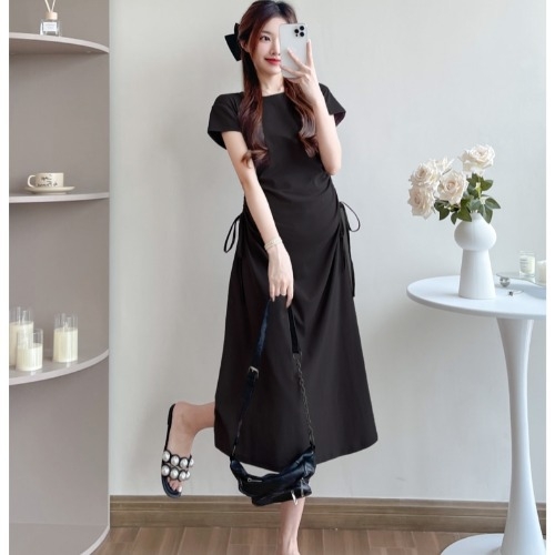 Φόρεμα εγκύου με κορδόνι στη μέση, στρογγυλός λαιμός, μανίκια 3/4, ύφασμα πολυεστέρα