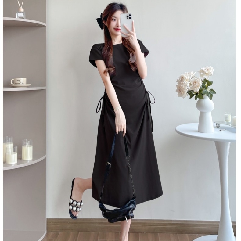 Φόρεμα εγκύου με κορδόνι στη μέση, στρογγυλός λαιμός, μανίκια 3/4, ύφασμα πολυεστέρα