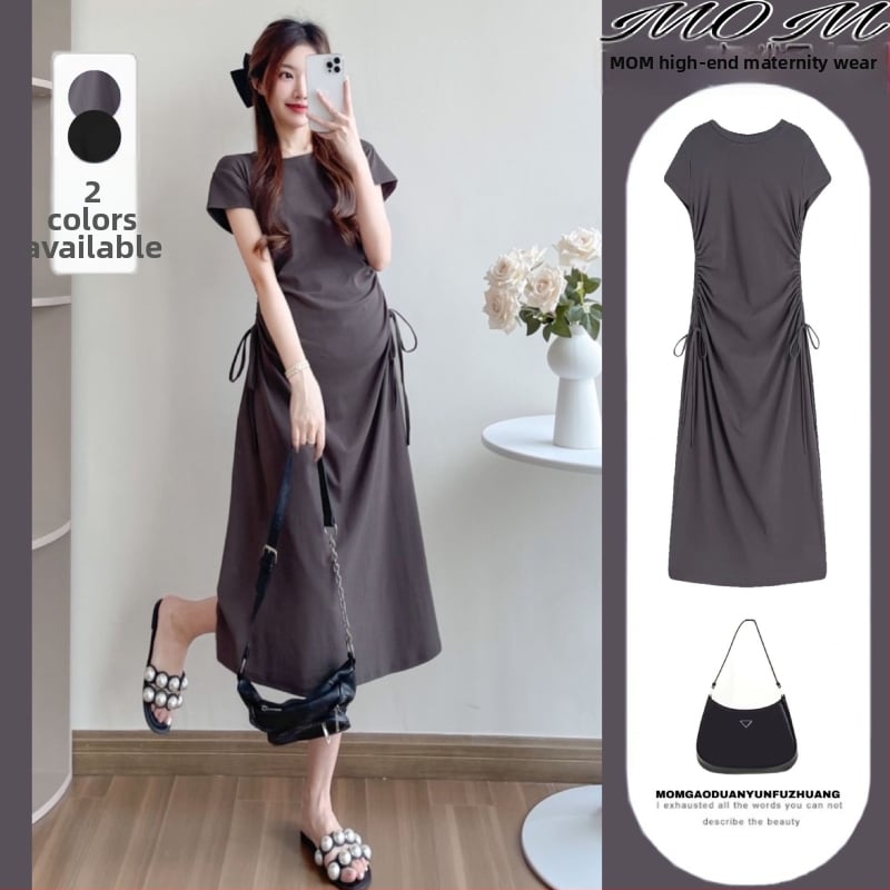 Φόρεμα εγκύου με κορδόνι στη μέση, στρογγυλός λαιμός, μανίκια 3/4, ύφασμα πολυεστέρα