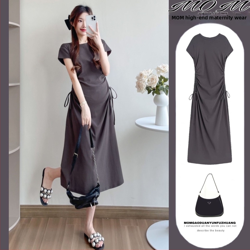 Φόρεμα εγκύου με κορδόνι στη μέση, στρογγυλός λαιμός, μανίκια 3/4, ύφασμα πολυεστέρα