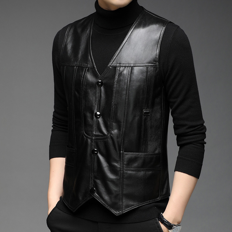 PERRY BURRY γνήσιο δερμάτινο γιλέκο, V-λαιμού, χωρίς μανίκια, ίσια γραμμή, μονόπερκο κούμπωμα, κύριο ύφασμα: δέρμα προβάτου