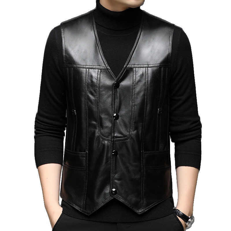 PERRY BURRY γνήσιο δερμάτινο γιλέκο, V-λαιμού, χωρίς μανίκια, ίσια γραμμή, μονόπερκο κούμπωμα, κύριο ύφασμα: δέρμα προβάτου