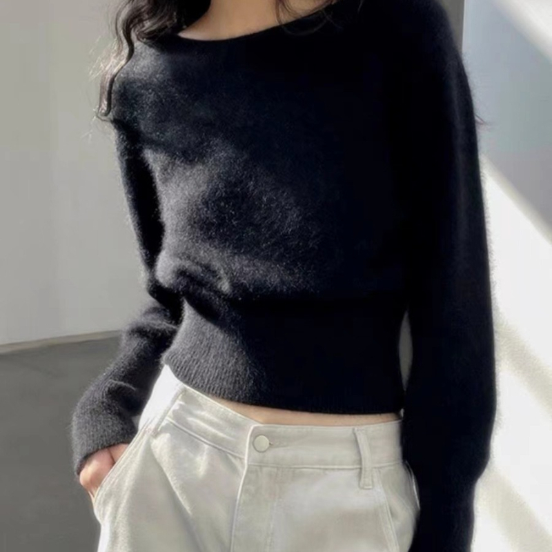 Πλεκτό πουλόβερ από μαλλί, λαιμόκοψη σε έναν ώμο, 95% μαλλί, κοντή γραμμή (40–50 εκ.), μακριά μανίκια