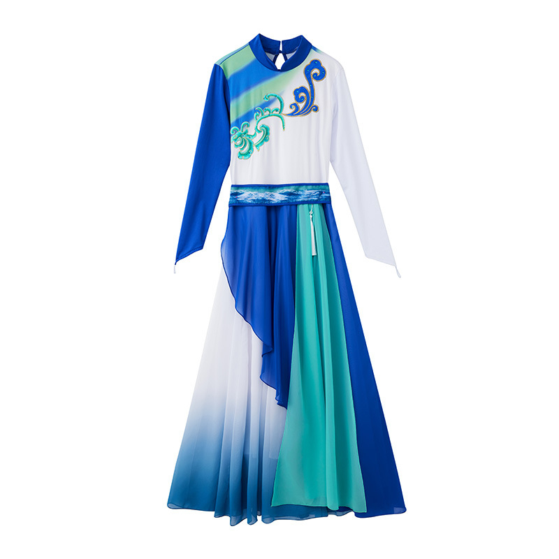 Moderno scensko odijelo za žene s dugom, tekućom suknjom u gradijentnom prijelazu, pogodno za pjevanje i ples, ples s fanom 2501