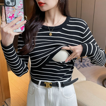 Dojilni pulover s prugama, okrugli izrez, dugi rukavi, uski kroj, otvor za dojenje (prugama; okrugli izrez; dugi rukavi; uski kroj; otvor za dojenje)