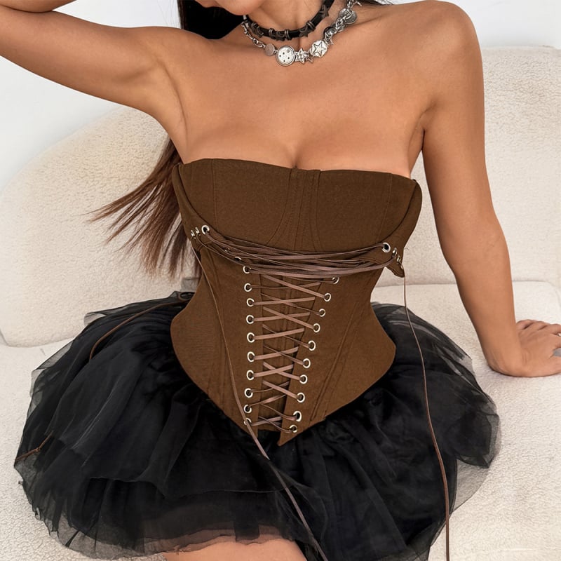 Корсет топ с костички, с връзки, без презрамки, тесен силует, къс дизайн 40-50 см, полиестер с спандекс (90-95% полиестер, <30% спандекс)