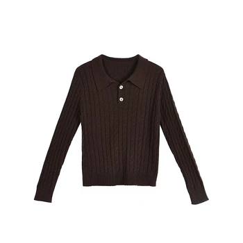 Ženski pulover s POLO ovratnikom, labav kroj, debeli pleteni materijal, dugi rukavi, obična duljina 50–65 cm