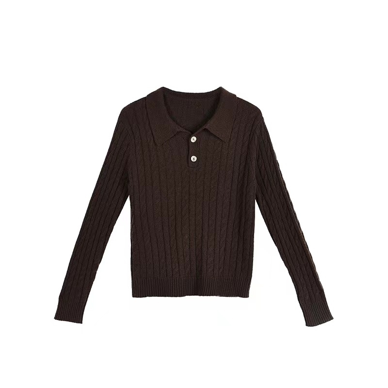 Ženski pulover s POLO ovratnikom, labav kroj, debeli pleteni materijal, dugi rukavi, obična duljina 50–65 cm
