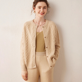 Ženski kašmir kardigan s okruglim izrezom, dvostruko kabelsko pletenje, udoban kroj