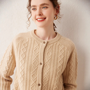 Ženski kašmir kardigan s okruglim izrezom, dvostruko kabelsko pletenje, udoban kroj