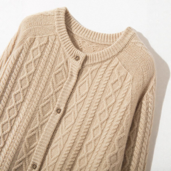 Ženski kašmir kardigan s okruglim izrezom, dvostruko kabelsko pletenje, udoban kroj